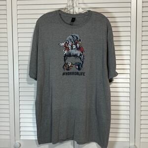 Gildan Softstyle Gray Horror Life Messy Bun Graphic T-shirt Unisex 2XL